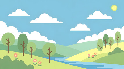 Fototapeta premium Beautiful landscape illustration of rolling green hills with trees, a winding river, and fluffy clouds under a bright blue sky, evoking a sense of peace and tranquility in nature's embrace