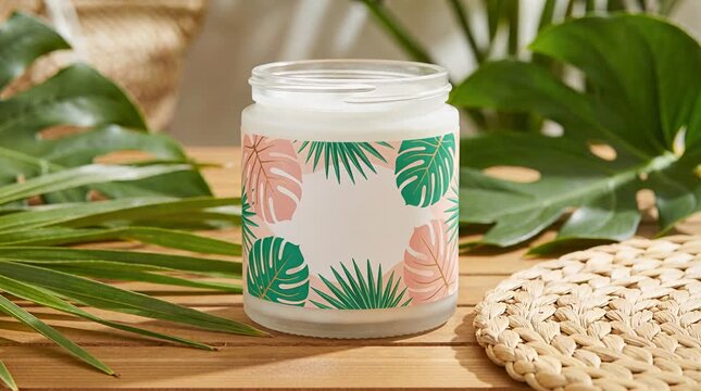 Tropical plant leaf patterned candle in glass jar home decor accent with woven placemat and sunlight, pattern.