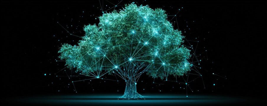A digital tree with glowing connections, representing technology and nature's harmony in a futuristic design.