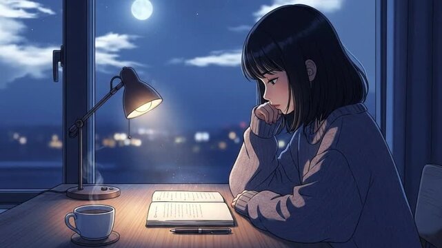Girl sitting at a desk and reading a book. Moon glowing through the window and clouds moving. Hot coffee on the table.