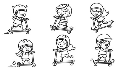 Naklejka premium Children Play Scooter Skateboarding Coloring Book.