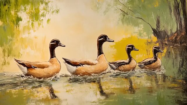 Ducks Swimming in Pond Water Scene.