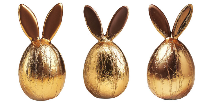 Set of Golden foil wrapped Easter chocolate shaped like a bunny with ears, isolated on white transparent background
