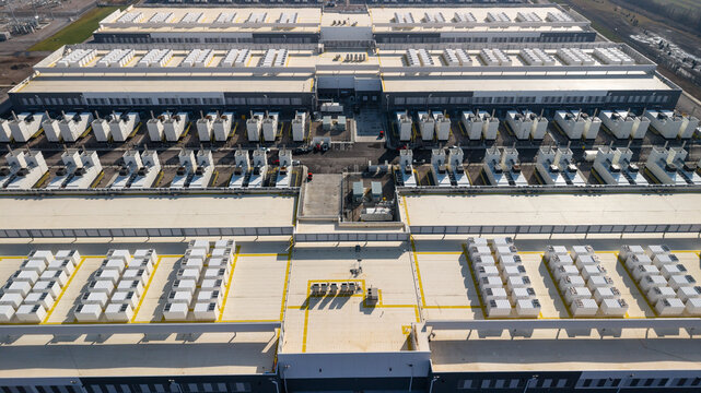 Massive data center facility cooling units aerial view in Ohio, USA.