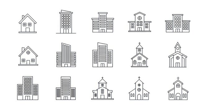 Collection of various architecture designs, buildings, houses, structures, and monuments illustrated in a simple line art style.