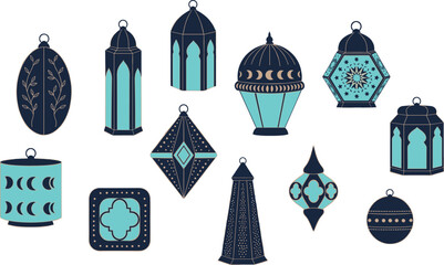 Fototapeta premium Modern Ramadan lantern vector set with elegant Arabic lamps, teal and gold Islamic festive design