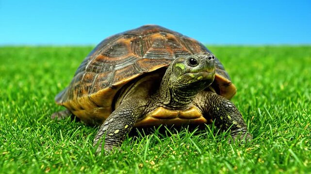 A turtle with a patterned shell crawls across green grass under a clear, blue sky