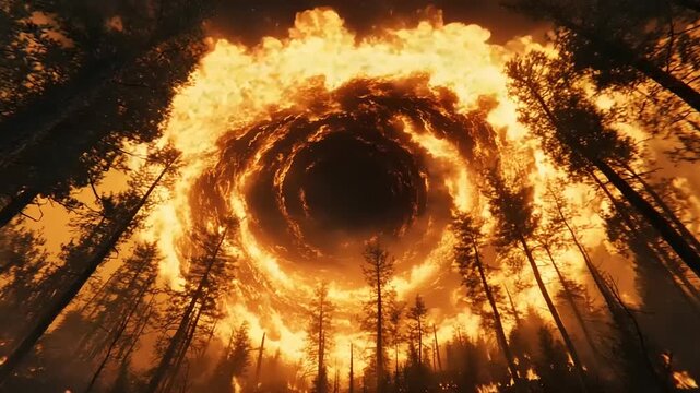 Intense Fire Vortex Over Forest Landscape.