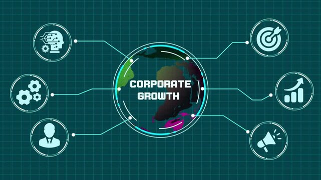 Corporate growth and financial success concept showing upward trend graph and business development icons.