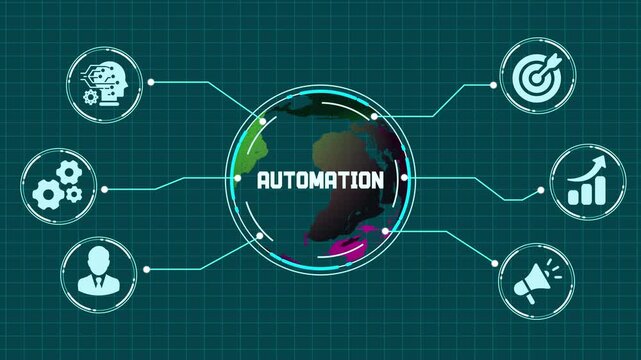 Industrial automation and robotic process optimization concept with high-tech machinery and digital icons.