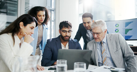 Business people, laptop and analytics with team in office for corporate analysis or statistics....