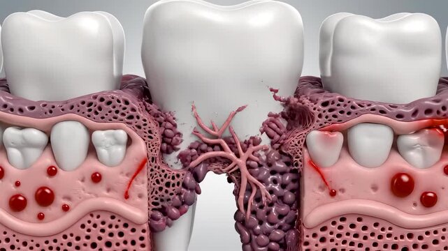 Progression of Gum Disease From Gingivitis to Periodontitis Showing Plaque Tartar Pocket Formation and Irreversible Bone Loss