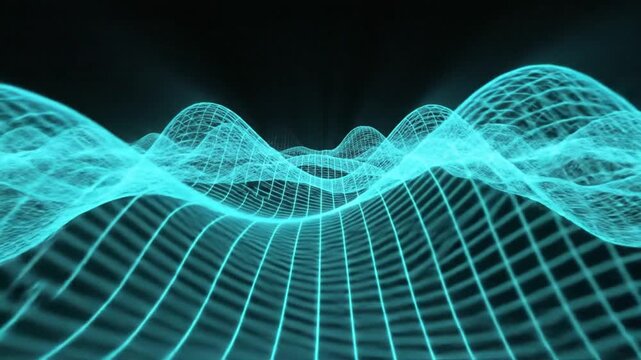 Abstract blue glowing wireframe mesh representing undulating digital waves on a black background