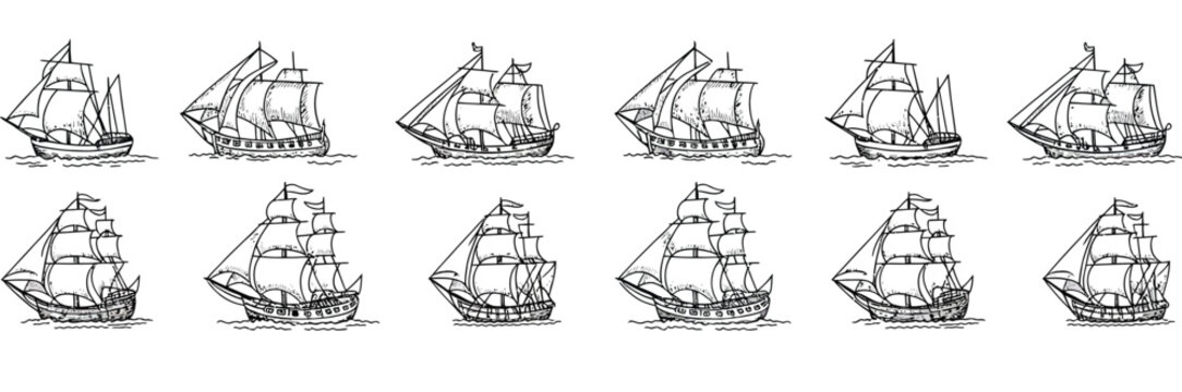 Sail ship sketch illustration, featuring sailboat, brigantine, and frigate drawings in classic hand-drawn nautical engraving style.