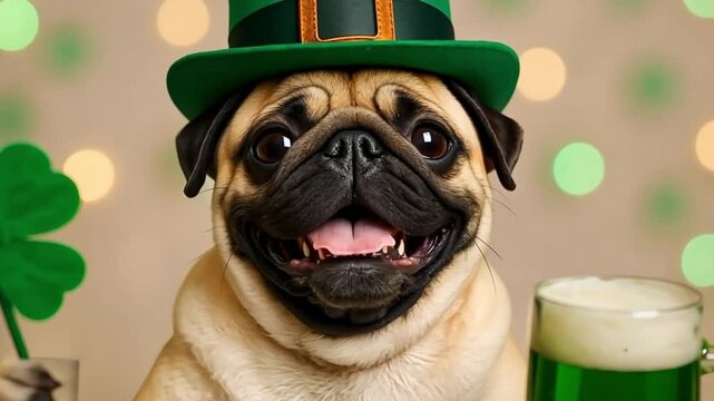 Happy pug dog in green leprechaun hat holding shamrock and looking at green beer mug for st patrick day holiday celebration