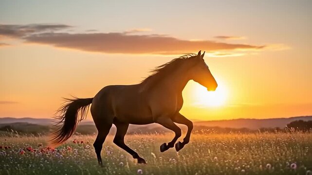 Horse Running Freely in Sunset Field.
