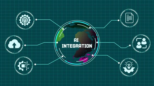 Artificial intelligence AI integration concept with neural network and cognitive computing icons.