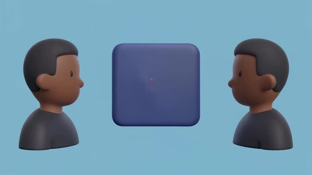 Two identical cartoon-style human figures with dark skin tones and short black hair facing each other, separated by a blue square object on a light blue background.