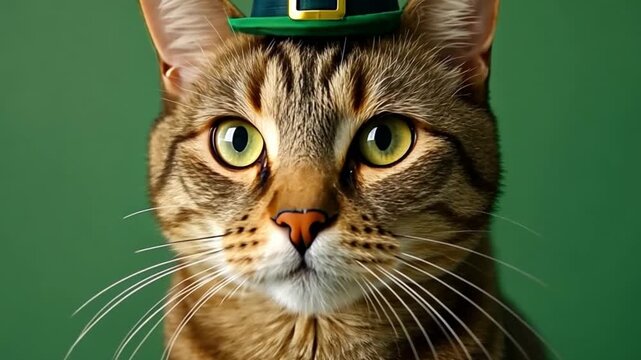 Adorable tabby cat wearing a tiny green leprechaun hat, looking festive for St Patricks Day celebration