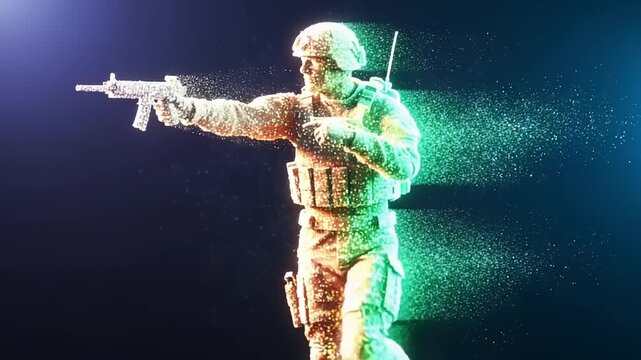 Soldier in tactical gear aiming assault rifle with digital disintegration effect.