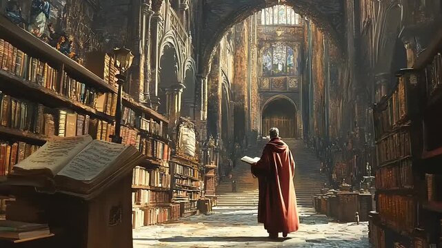 Monk Reading in Ancient Library Hall.