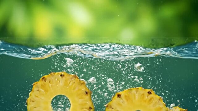 Fresh pineapple slices creating a vibrant splash as they dip into crystal clear water, highlighting tropical natural goodness and refreshing vitality