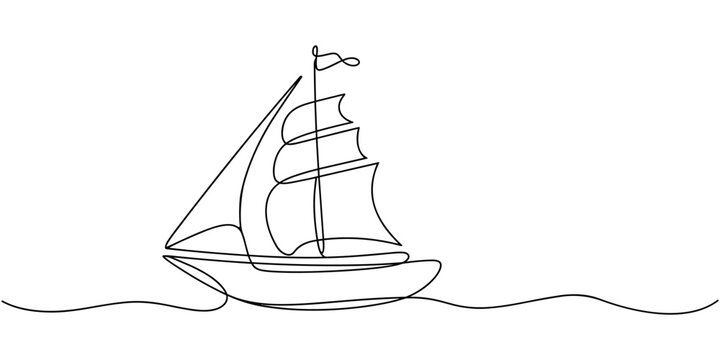 Single continuous line drawing pinisi ship. Traditional boat from South Sulawesi, Indonesia. Has a very unique design. Inter island trade. National Maritime Day. One line design vector illustration