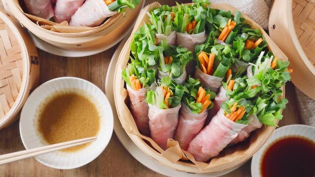 蒸籠に盛った豚ロースの肉巻き野菜蒸し