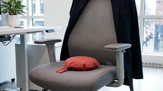 Modern office chair with a black jacket and an orange cushion offering comfort at an adjustable desk setup in a business environment.