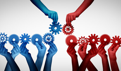 Business Merger Concept and corporate partnership as a red and blue Team collaboration joining together for business success connecting unity or teamwork idea as a metaphor for employee cooperation an