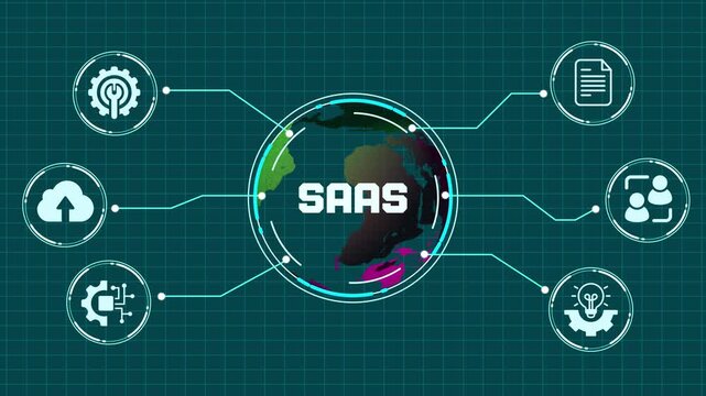 Cloud based SaaS platform interface with digital icons for software as a service business solutions.

