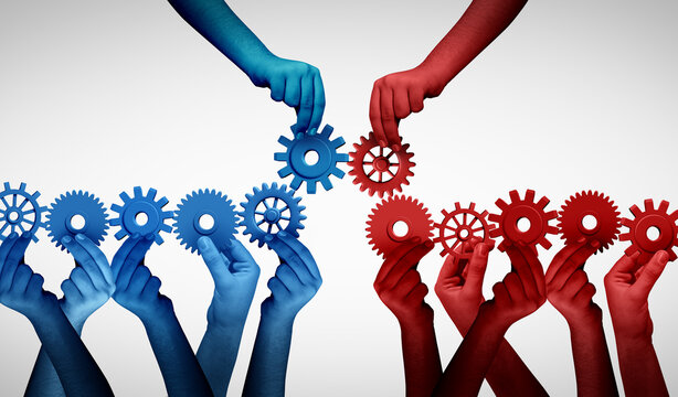 Business Merger Concept and corporate partnership as a red and blue Team collaboration joining together for business success connecting unity or teamwork idea as a metaphor for employee cooperation an
