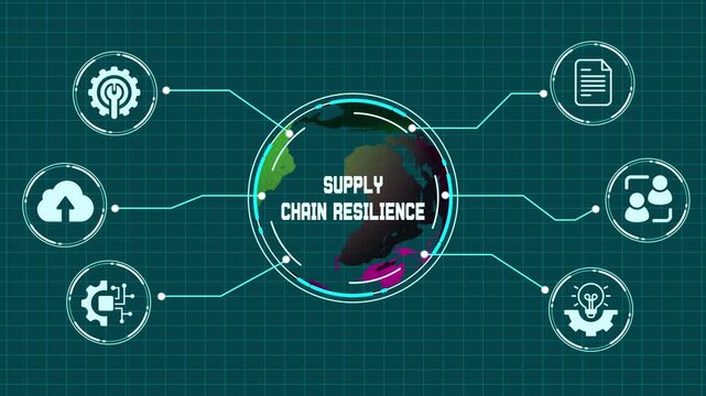 Supply chain resilience and logistics concept with global tracking and risk management icons.