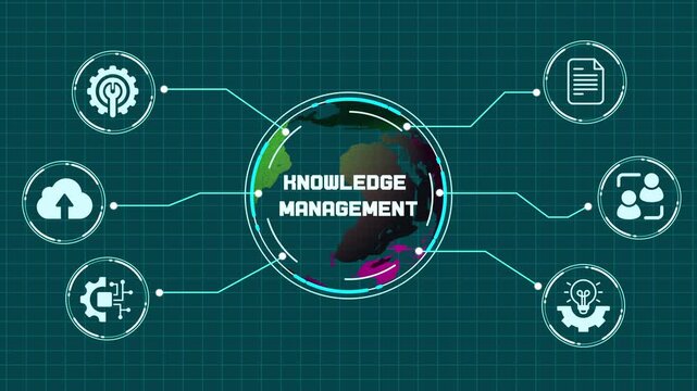 Digital knowledge management interface with information sharing and intellectual asset icons.