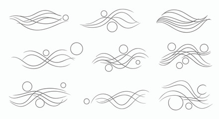 Vector swirling line art elements, abstract wave and circle designs, for website background or overlay effect, isolated on transparent background, png