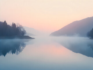 Obraz premium Muted natural color abstract background, calm and sophisticated, with soft diffused light filtering through a misty forest in autumn.