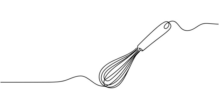 Balloon Whisk continuous one line drawing illustration. Whisk Continuous Line Art, Cooking whisk one line continuous drawing. One line ff kitchen tool balloon whisk.