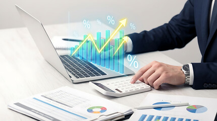 Businessman analyzing financial data on laptop with calculator and reports