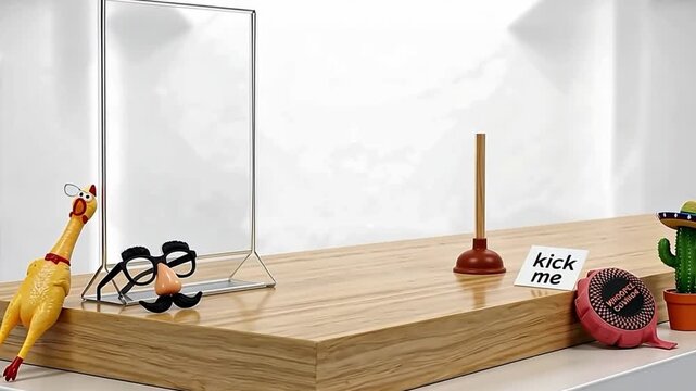 April fools day prank objects, rubber chicken, disguise glasses, plunger, whoopee cushion, and cactus toy