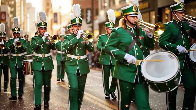 Military school band performing a march parade on city street during holiday celebration in green uniform