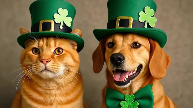 Smiling dog and serious cat in green leprechaun hats and bow ties with shamrocks for St. Patricks day greeting card