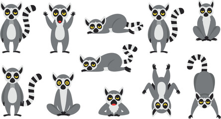 Set of cute cartoon lemur vector illustrations in various sitting, lying and playful poses © tofajjol studio