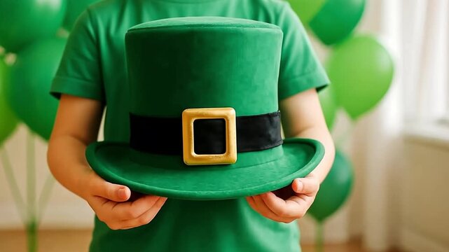 Kid holding green leprechaun hat. St Patrick day celebration with green balloons. Holiday costume and decoration for party.
