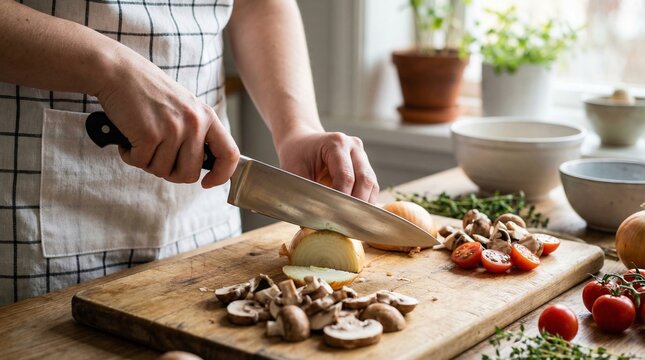 Hands slicing onion with shiny kitchen knife on worn wooden cutting board, checkered apron and vegetables beside