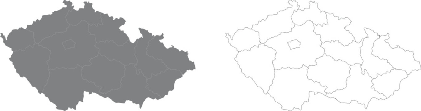 Czech Republic Map with Administrative Regions and Districts - Detailed Vector Outline