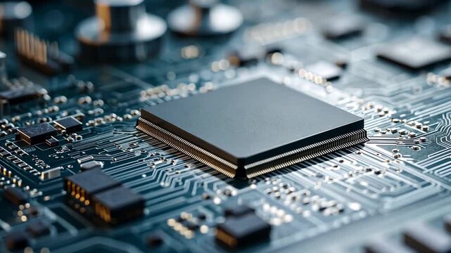 Close-up of a microchip on a circuit board with various components