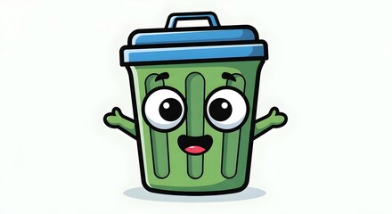 Charming cartoon green trash can with big eyes and a smile, raising its arms happily.