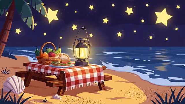 Night picnic on beach with lantern and glowing stars