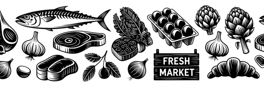 A black and white illustration of various fresh market food items