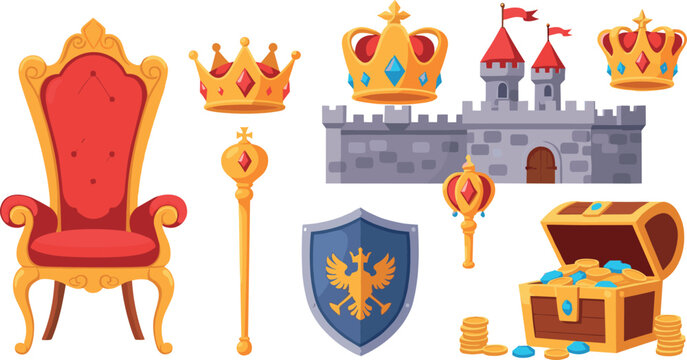 Royal medieval fantasy vector set with throne, crowns, castle, shield and treasure chest illustrations